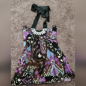 Sky Brand jeweled embellished rhinestones sexy halter top 100% silk S